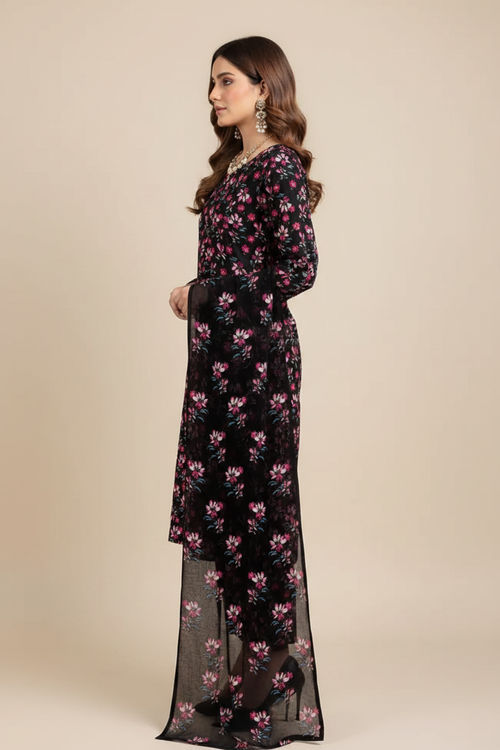 Black Pink Floral Lawn Suit - Side Profile