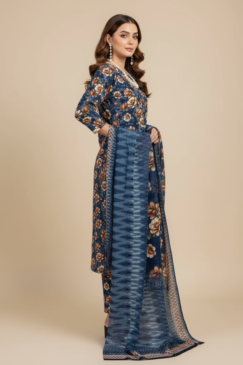 Navy Blue Rose Floral Lawn Suit - Side Profile