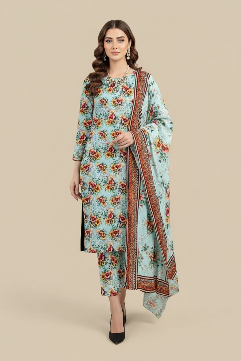 Mint Green Floral Lawn 3-Piece Suit - Pose 3