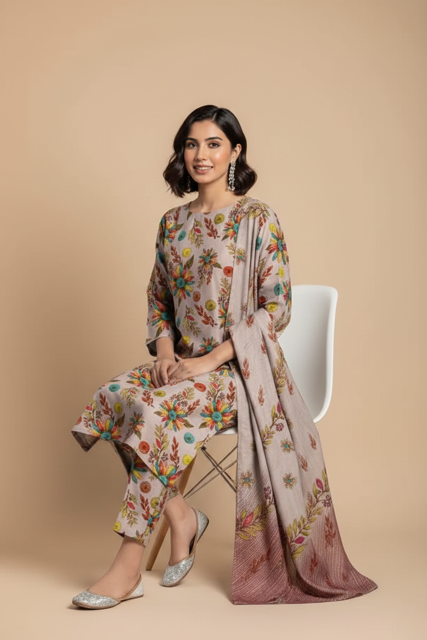 Grey Floral Suit - Sitting Pose