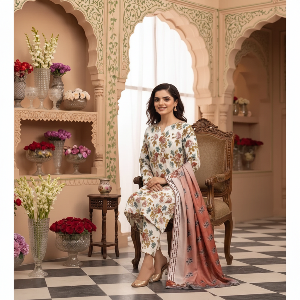 White Floral Botanical 3-Piece Suit - Sitting Pose