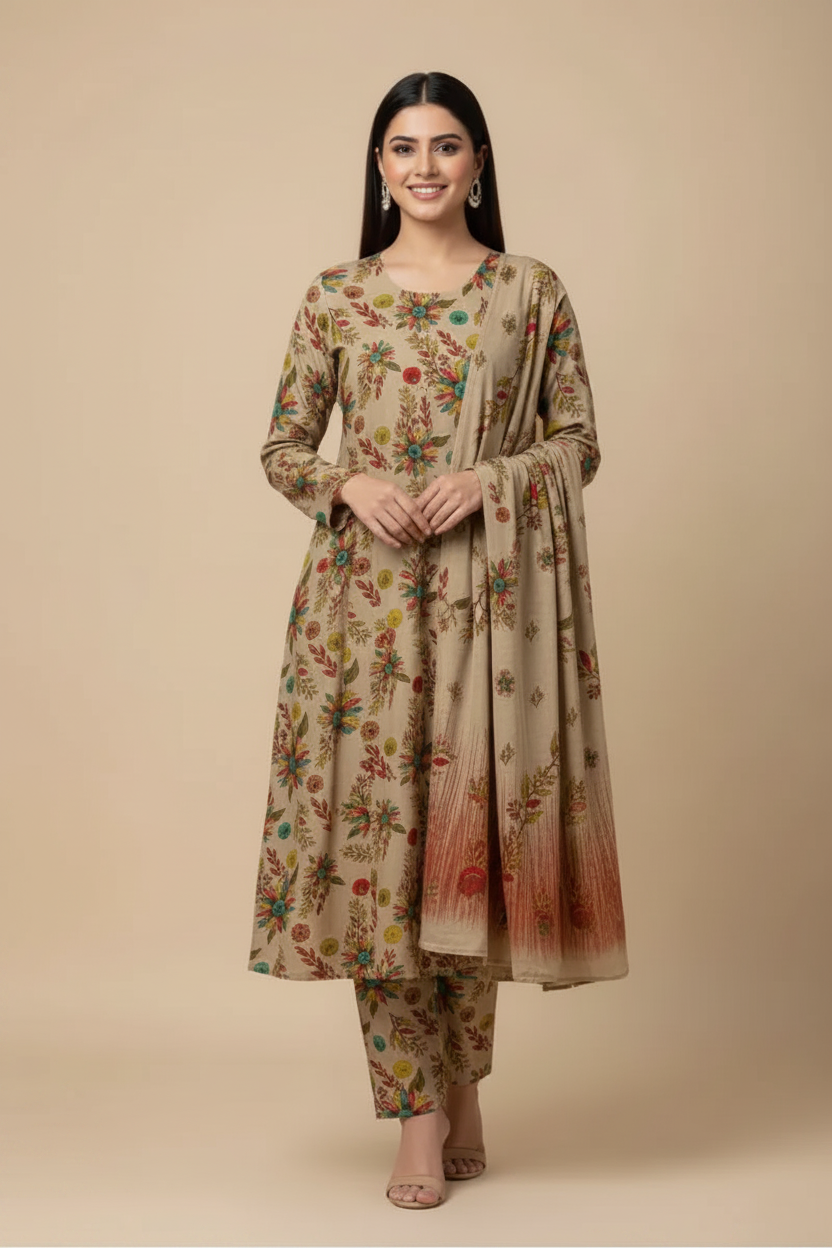 Beige Floral Suit - Front Pose