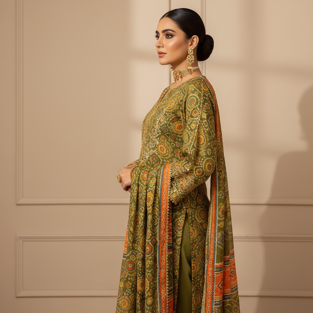 Olive Green Bandhani 3-Piece Suit - Side Pose