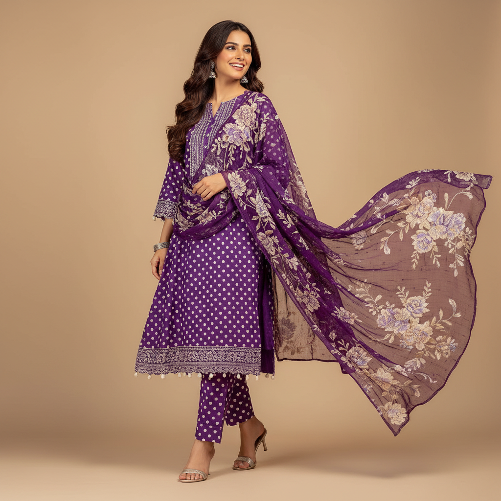 Purple Polka Dot 3-Piece Suit - Walking Pose