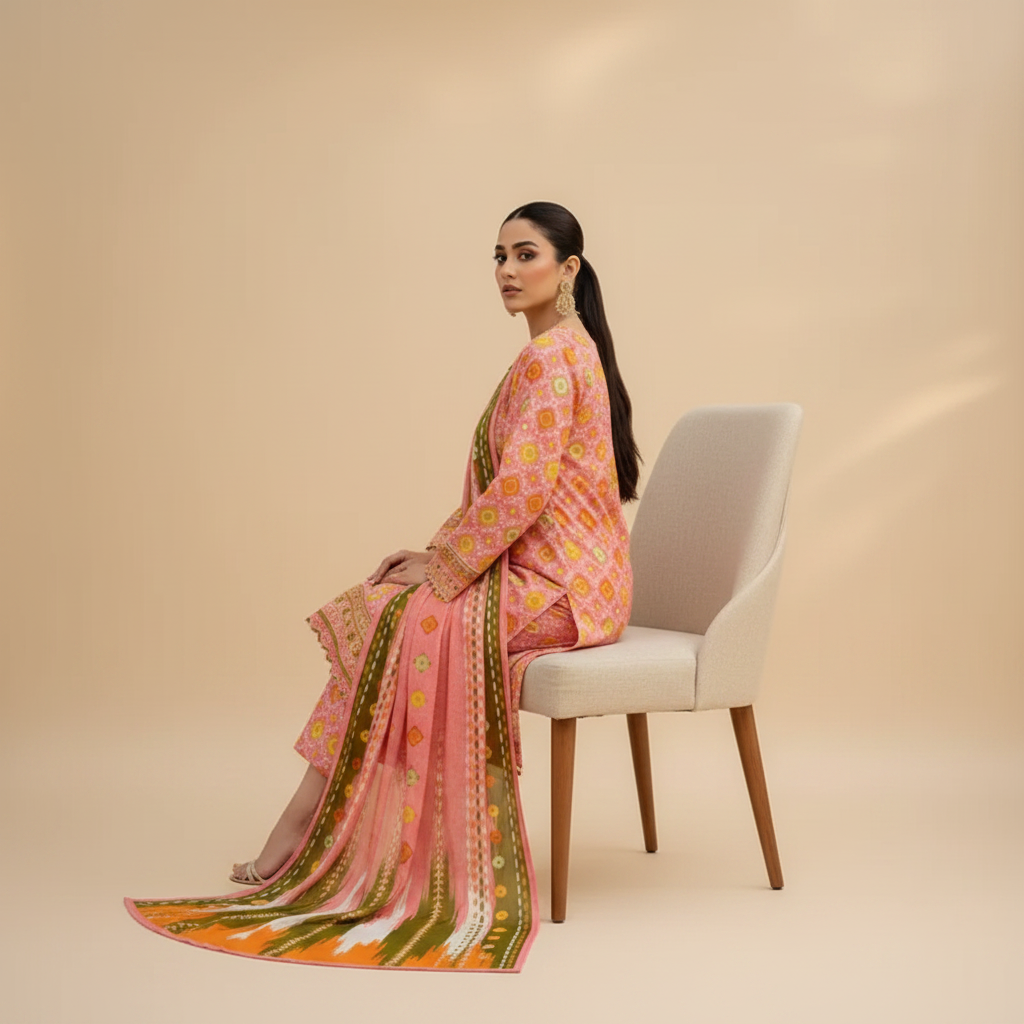 Pink Floral Suit - Sitting Pose