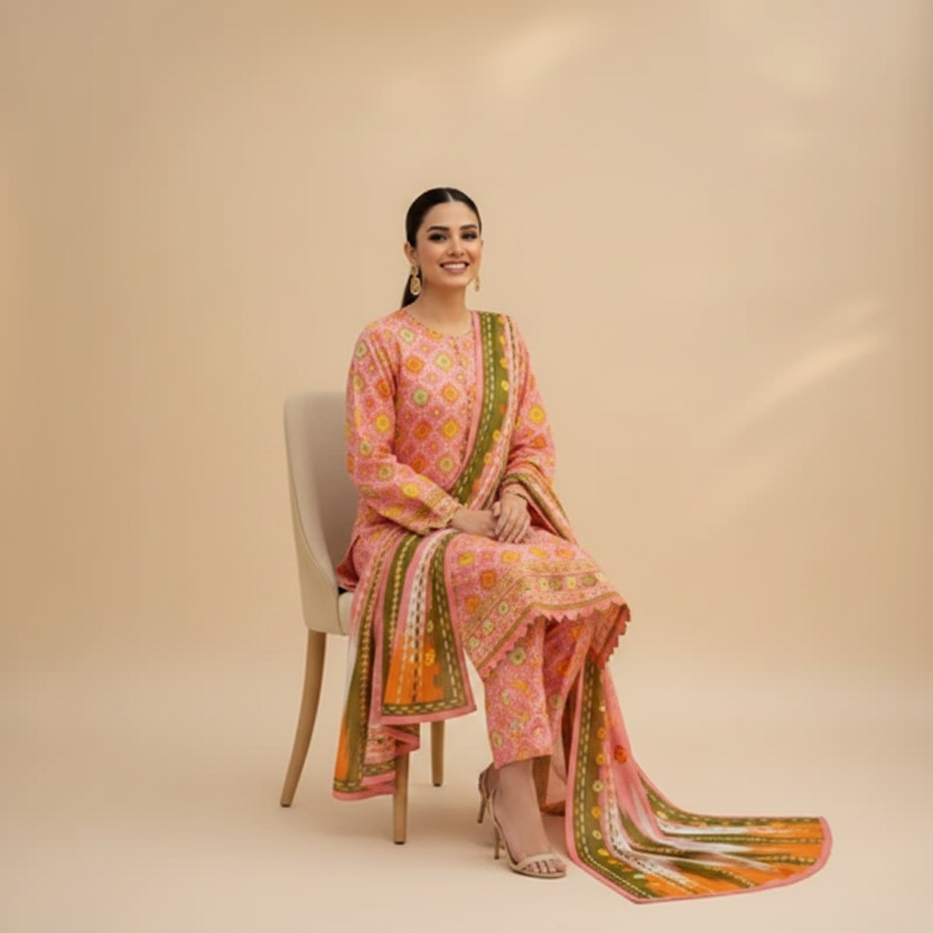 Peach Floral 3-Piece Suit - Sitting Pose