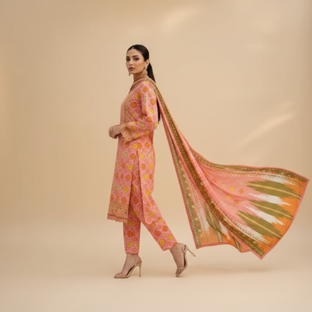 Peach Floral 3-Piece Suit - Walking Pose