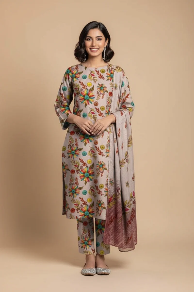 Grey Floral Printed 3-Piece Suit - Original