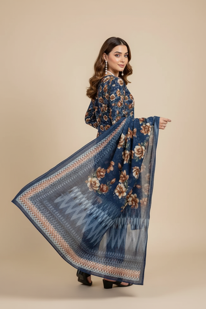 Navy Blue Rose Floral Lawn Suit - Three Quarter