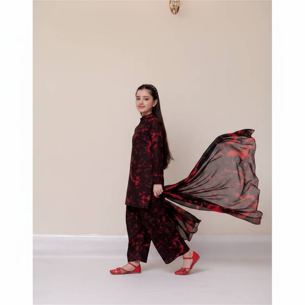 Black Red Abstract Suit - Walking Pose