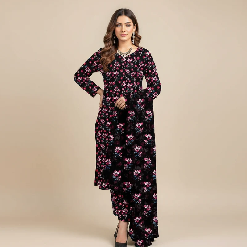 Black Pink Floral Lawn 3-Piece Suit - Original Photo