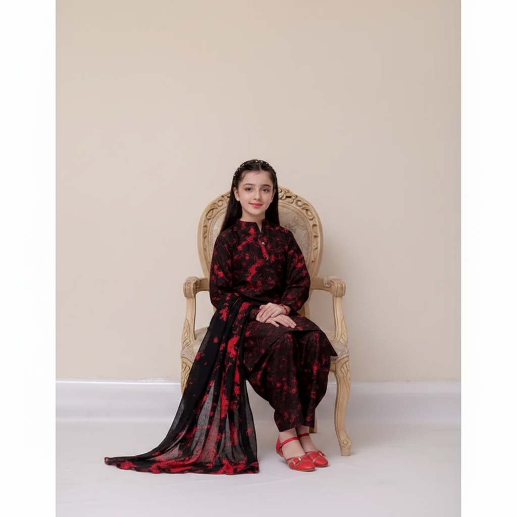 Black Red Abstract Suit - Sitting Pose