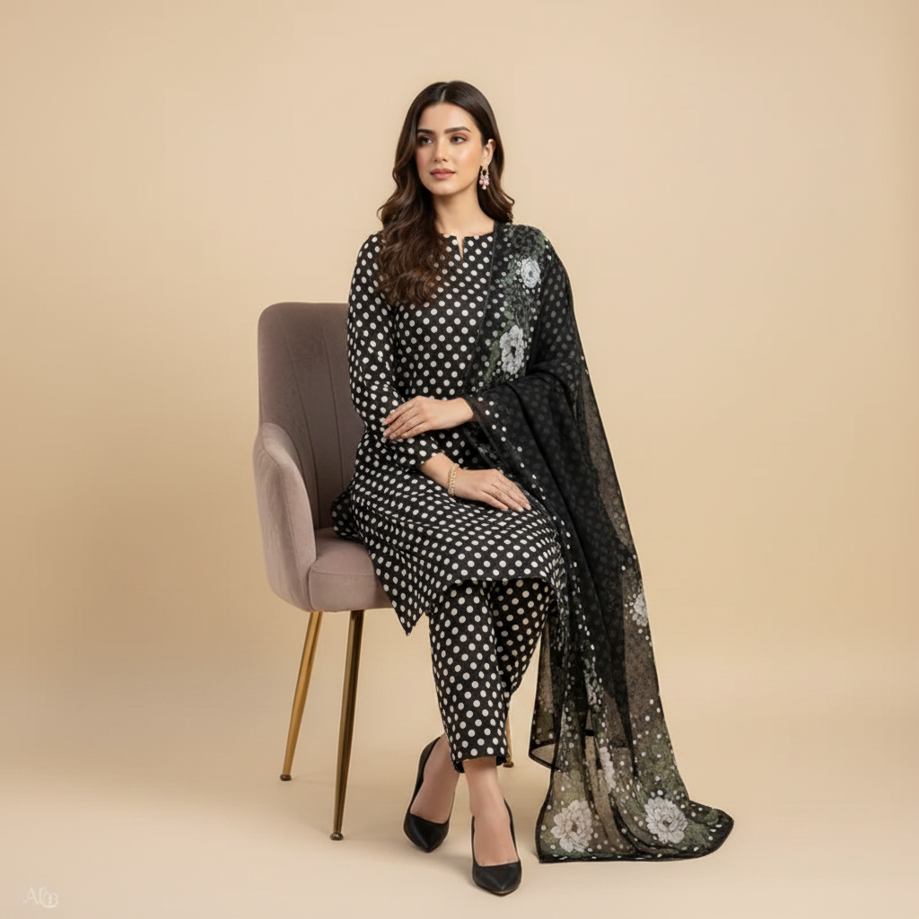 Black Polka Dot Suit - Sitting Pose