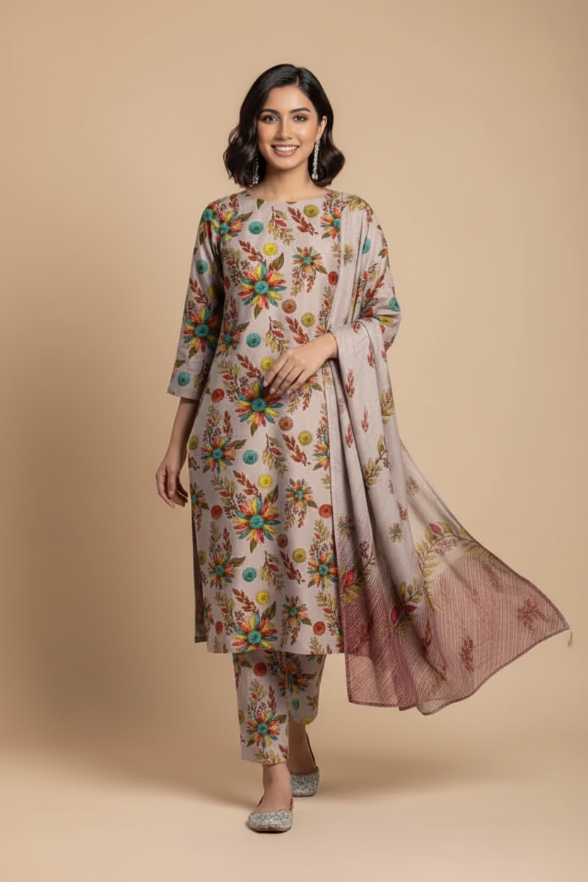 Grey Floral Suit - Walking Pose