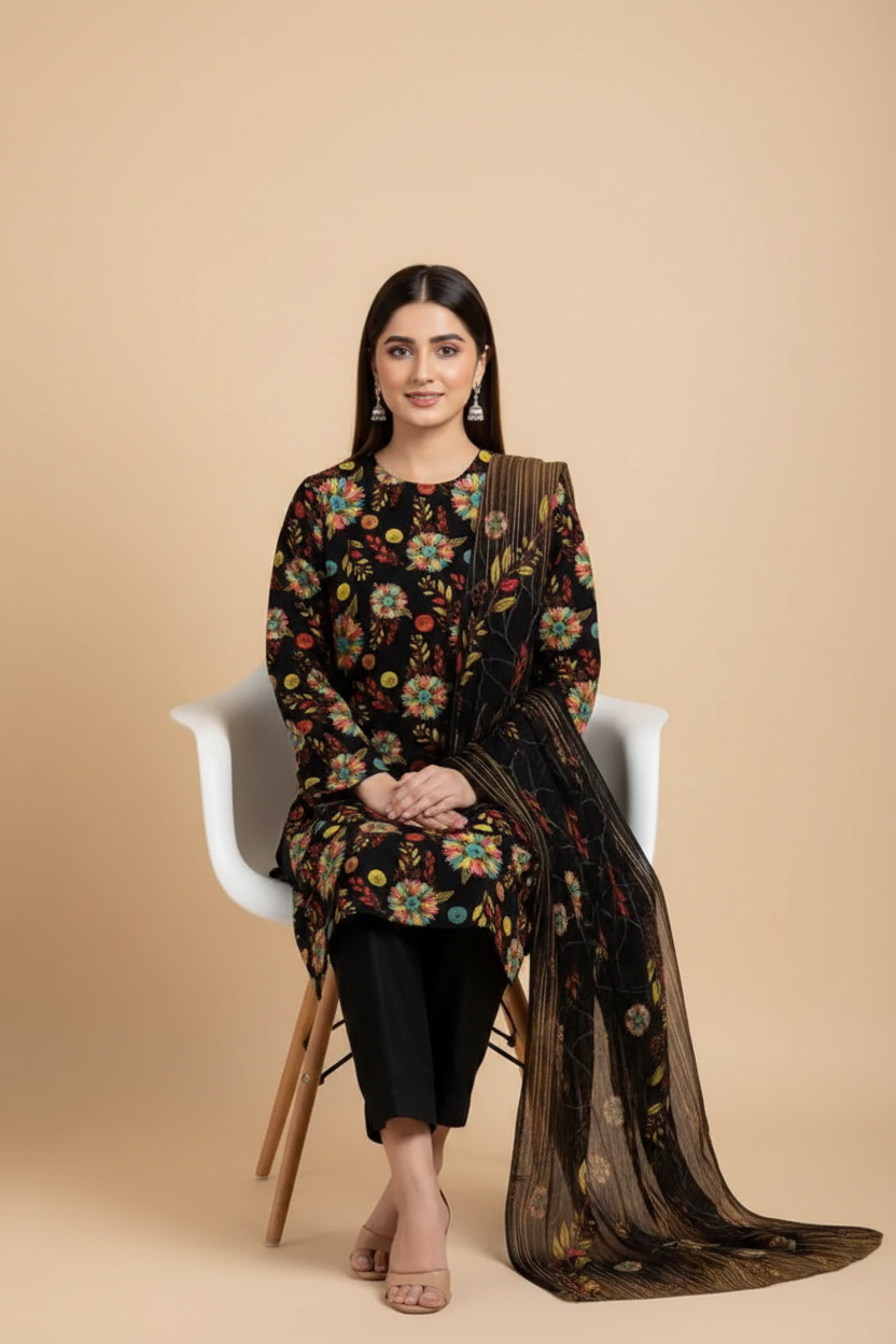 Black Floral Suit - Sitting Pose