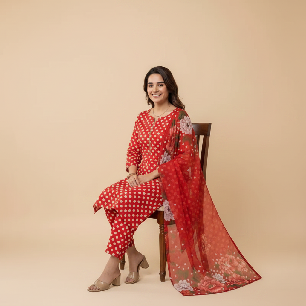 Red Polka Dot 3-Piece Suit - Sitting Pose