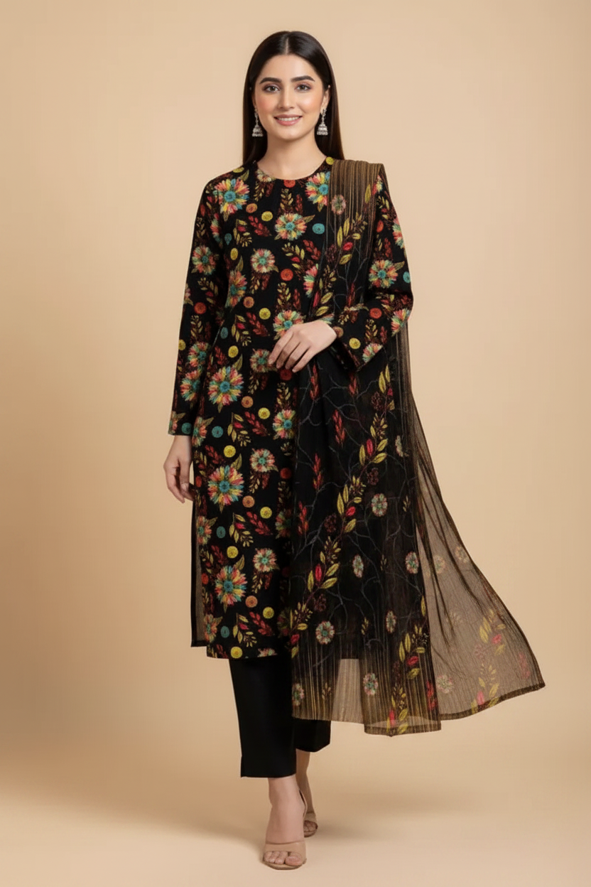 Black Floral Suit - Walking Pose