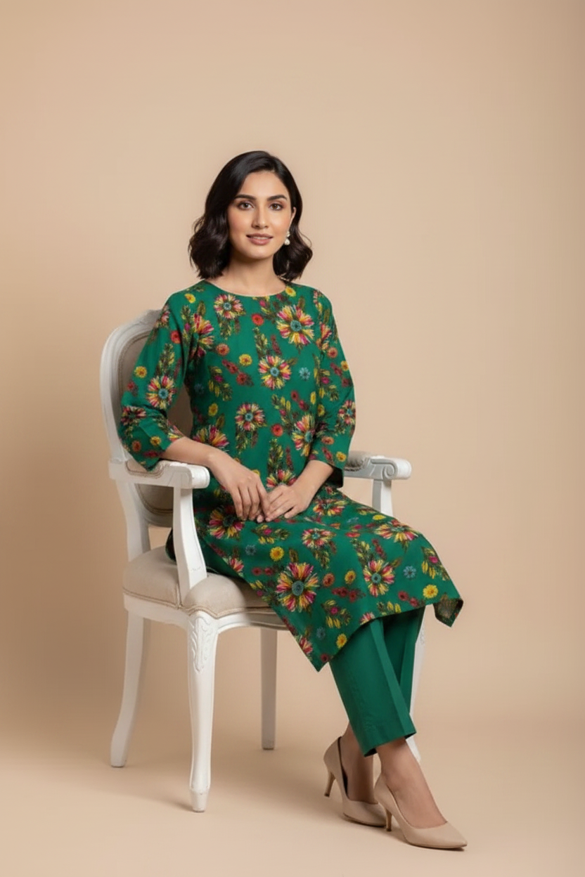 Green Floral Suit - Sitting Pose