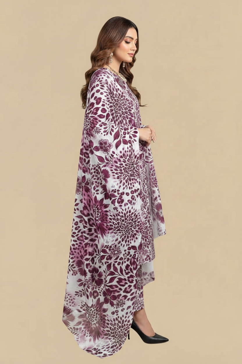 White Plum Dahlia Floral Lawn Suit - Side Profile