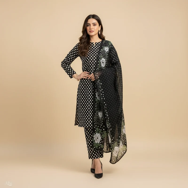 Black Polka Dot Floral 3-Piece Suit - Original