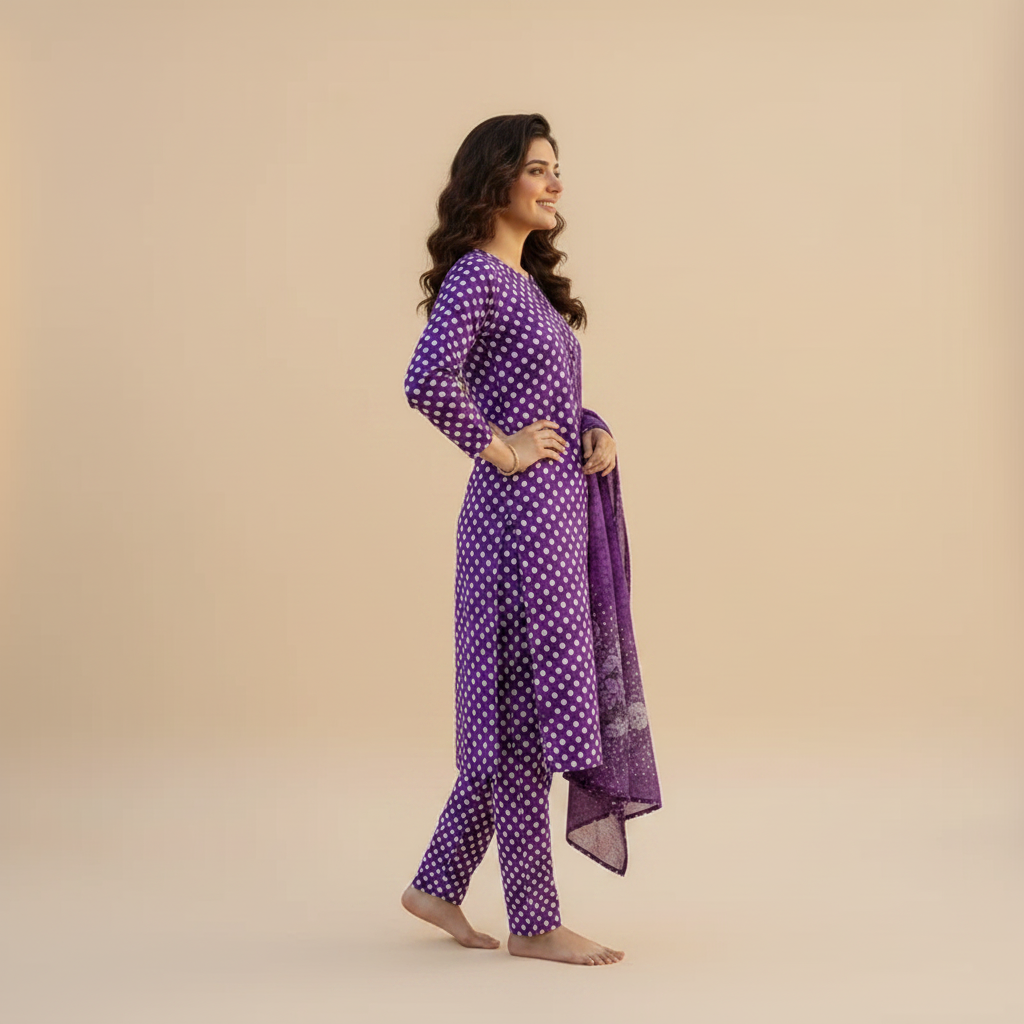 Purple Polka Dot 3-Piece Suit - Side Pose