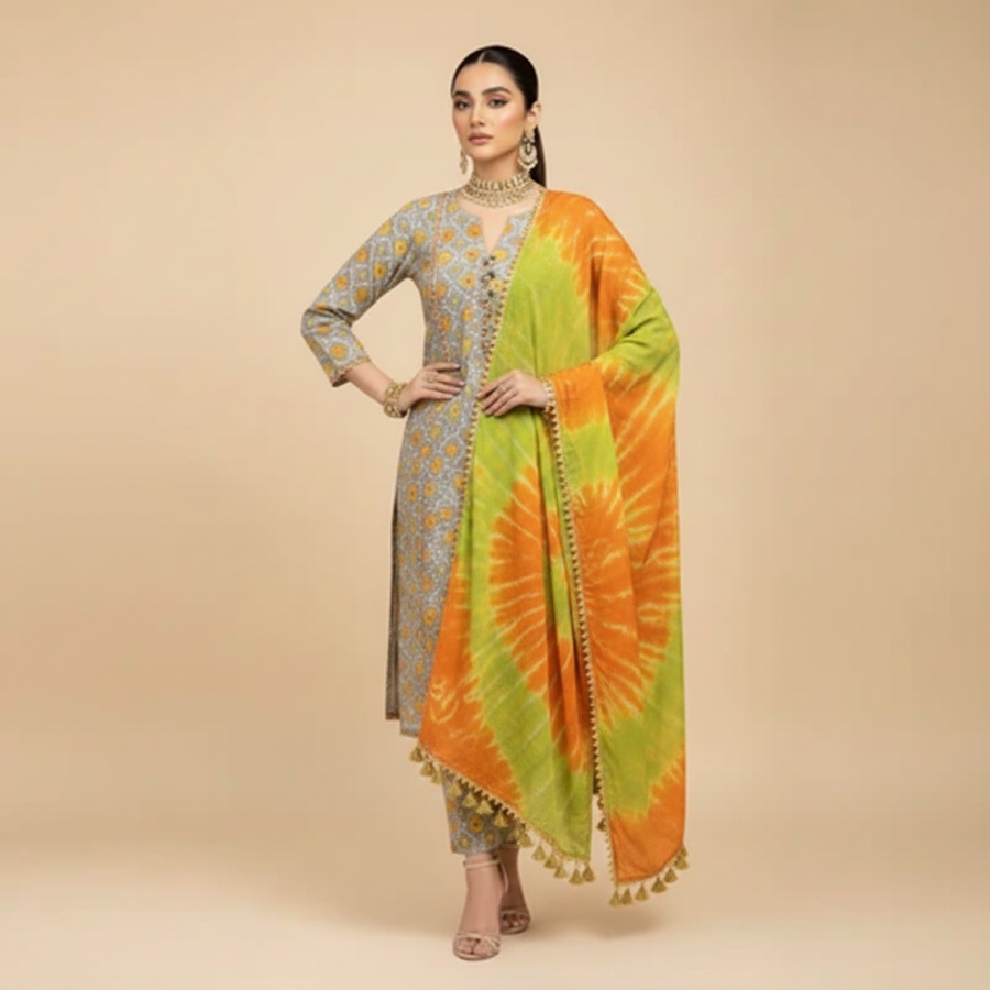 Grey Embroidered 3-Piece Suit - Front Pose