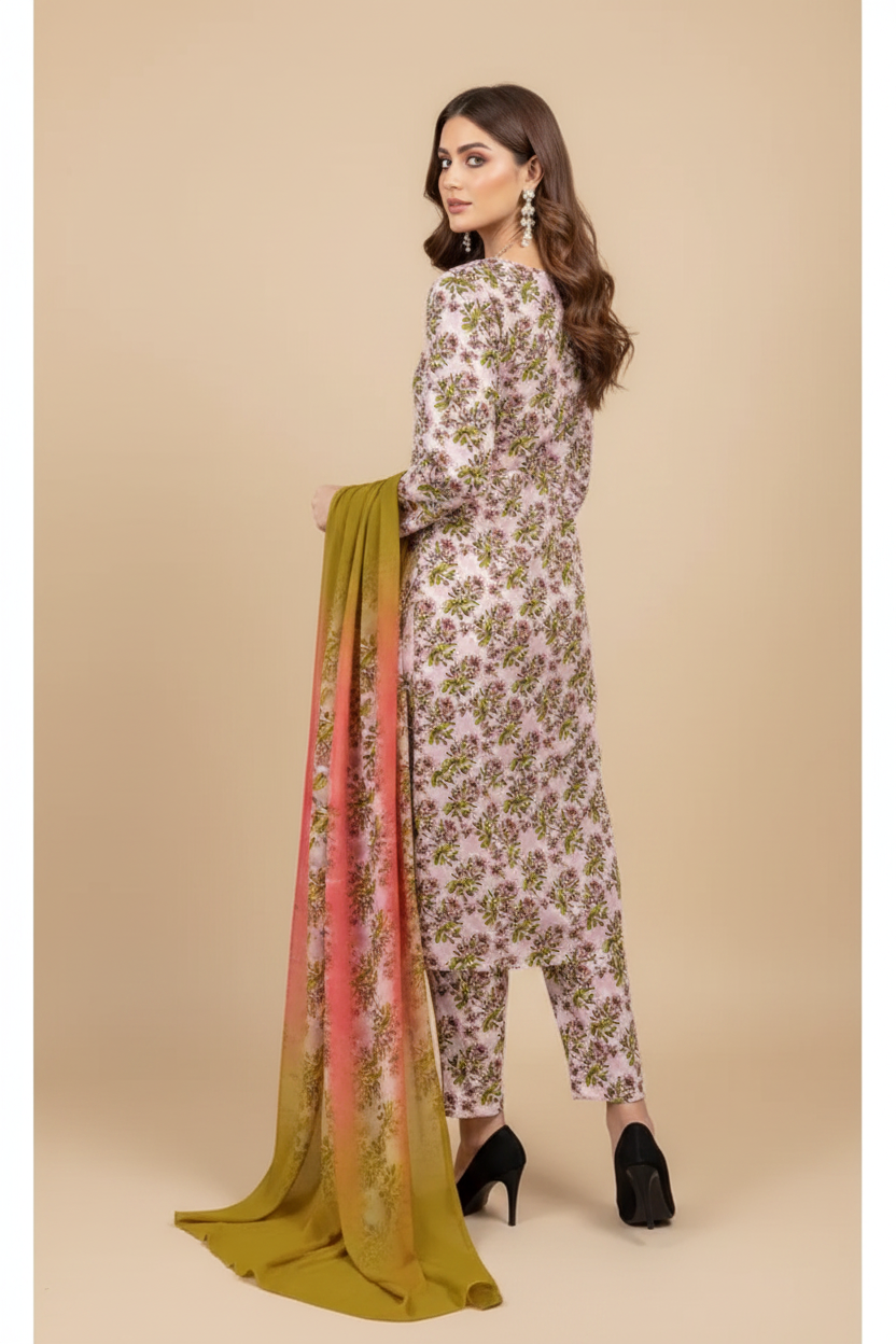 Blush Pink Botanical Floral Lawn Suit - Three Quarter