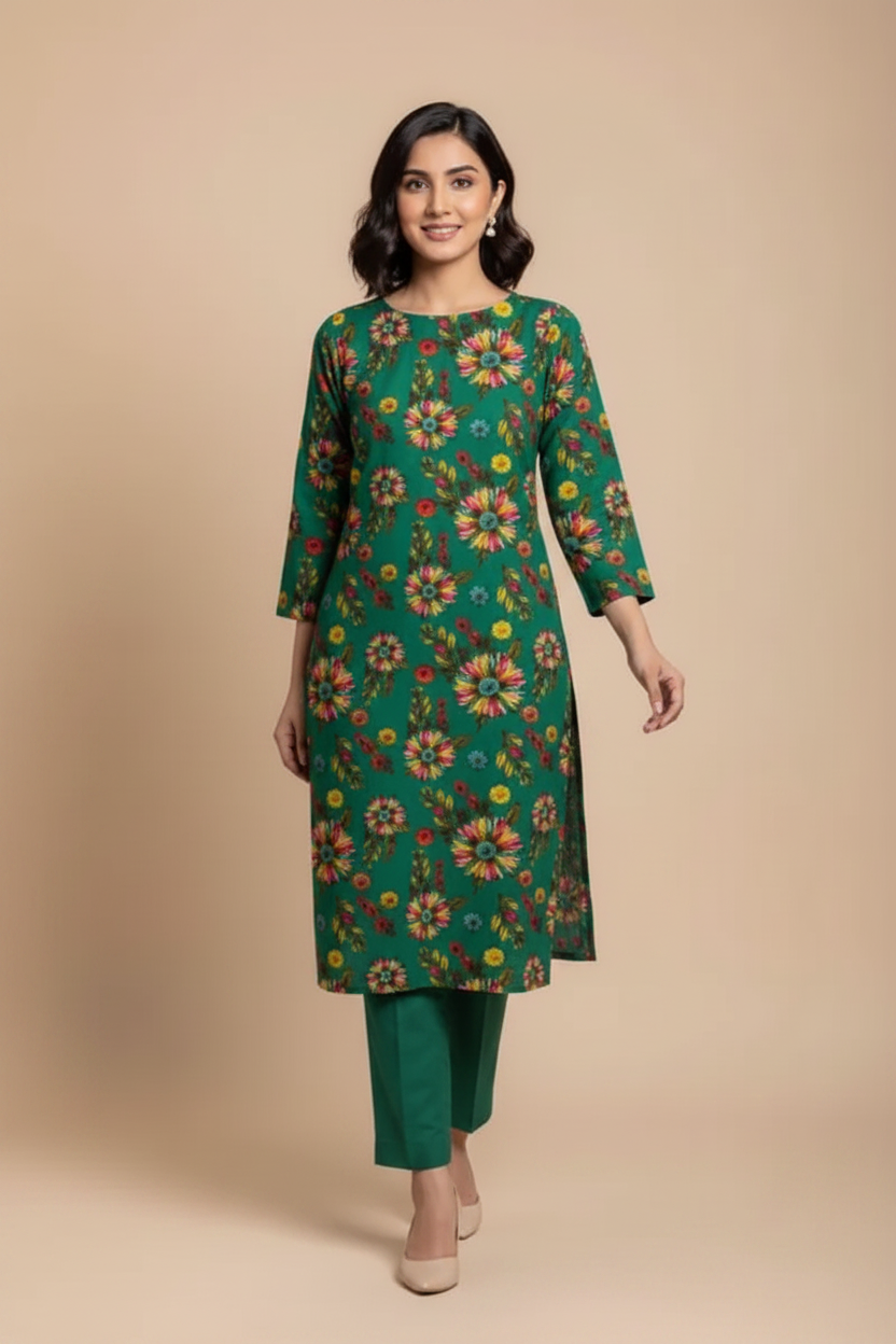 Green Floral Suit - Walking Pose