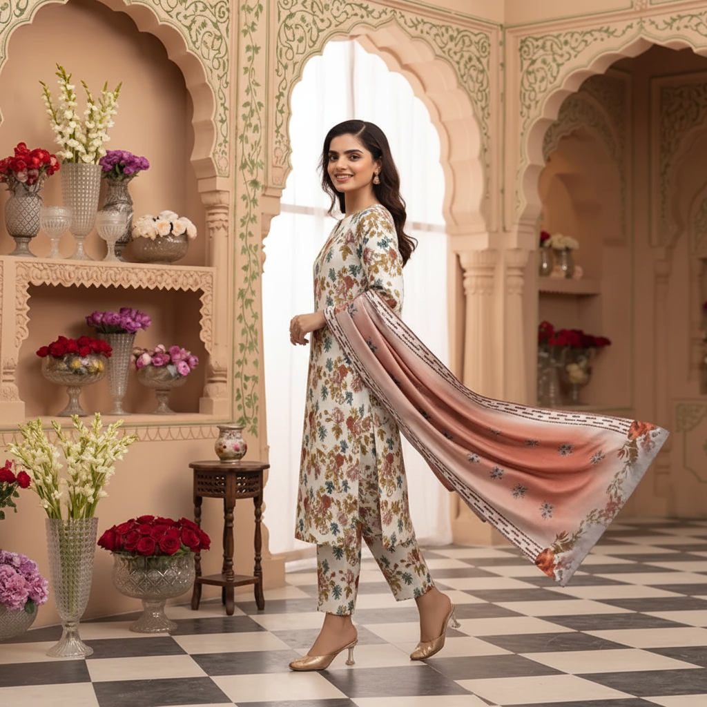White Floral Botanical 3-Piece Suit - Walking Pose