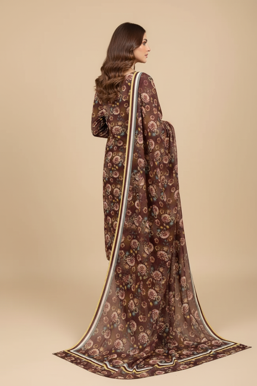 Chocolate Brown Dahlia Floral Lawn Suit - Three Quarter
