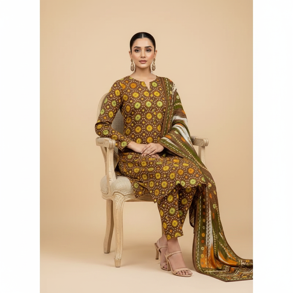 Brown Bandhani Suit - Sitting Pose