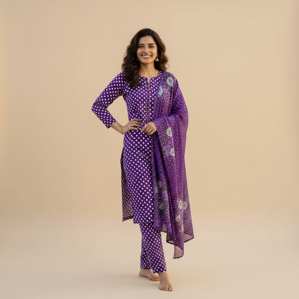 Purple Polka Dot 3-Piece Suit - Front Pose