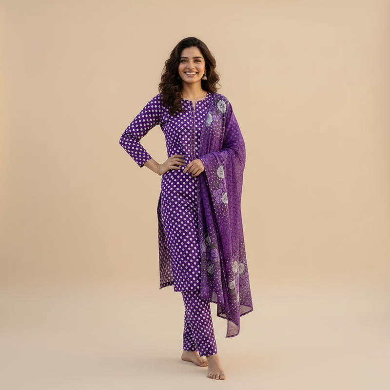 Purple Polka Dot 3-Piece Suit - Front Pose