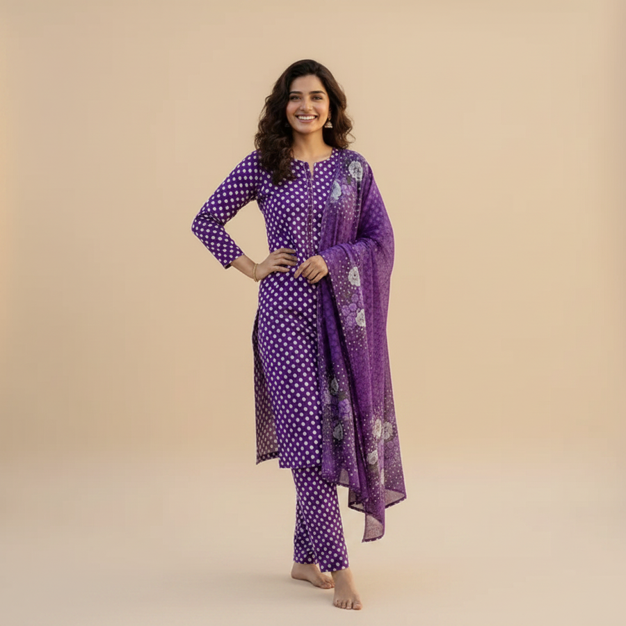 Purple Polka Dot 3-Piece Suit - Front Pose