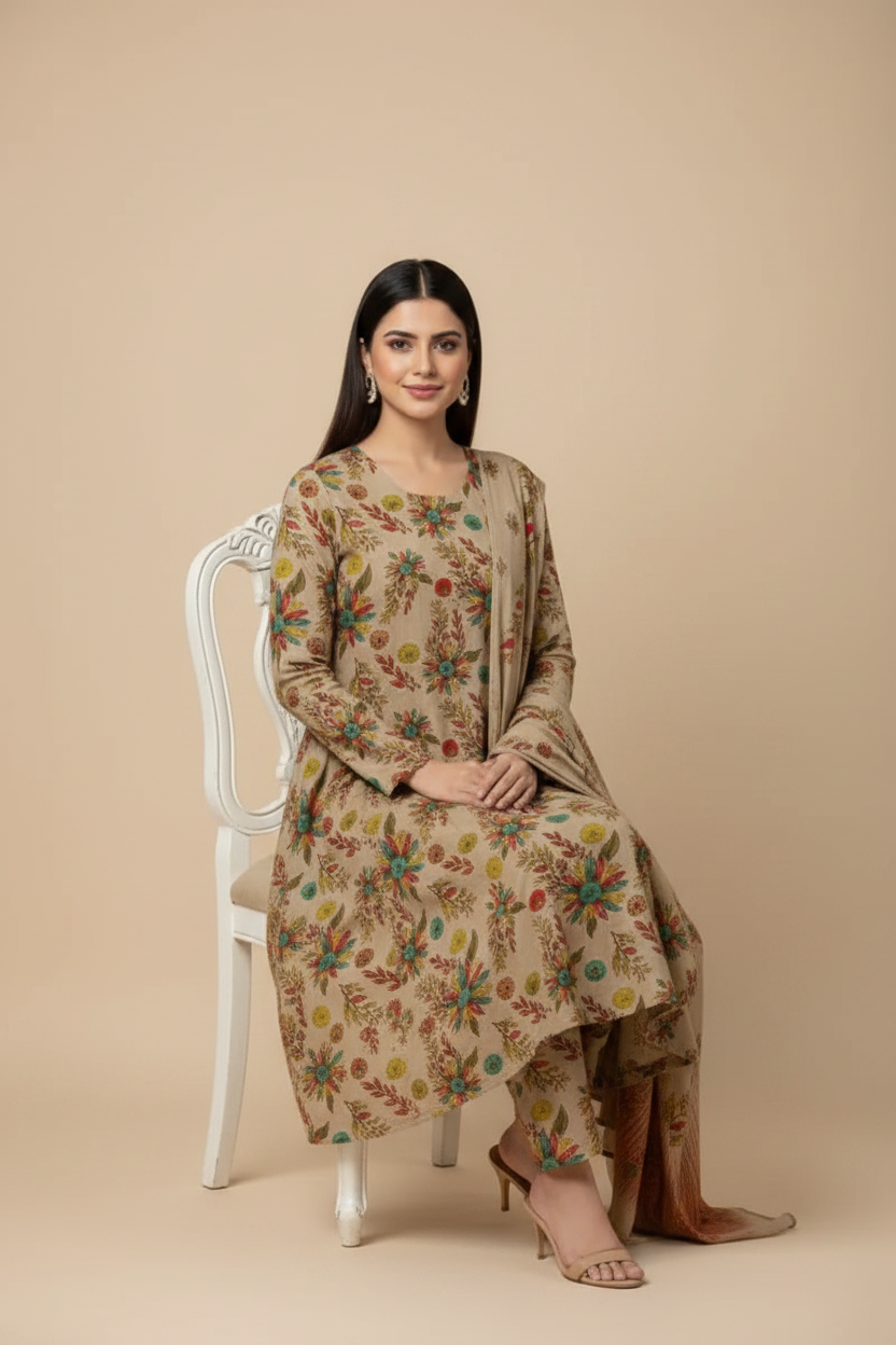 Beige Floral Suit - Sitting Pose