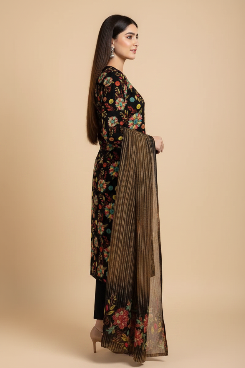 Black Floral Suit - Side Pose