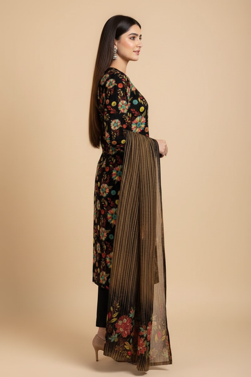 Black Floral Suit - Side Pose