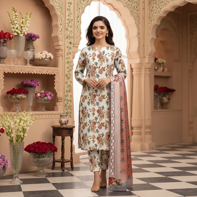 White Floral Botanical 3-Piece Suit - Front Pose