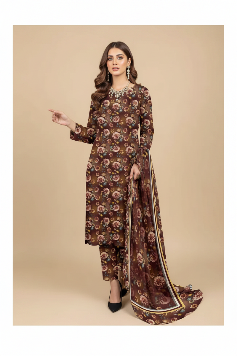 Chocolate Brown Dahlia Floral Lawn Suit - Front Pose