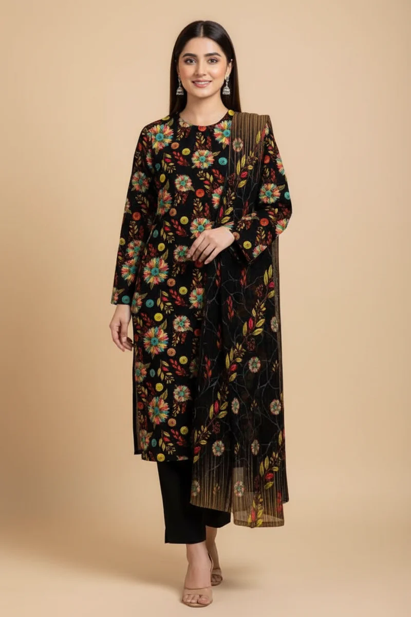 Black Floral Printed 3-Piece Suit - Original