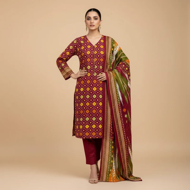 Maroon Bandhani 3-Piece Suit - Original