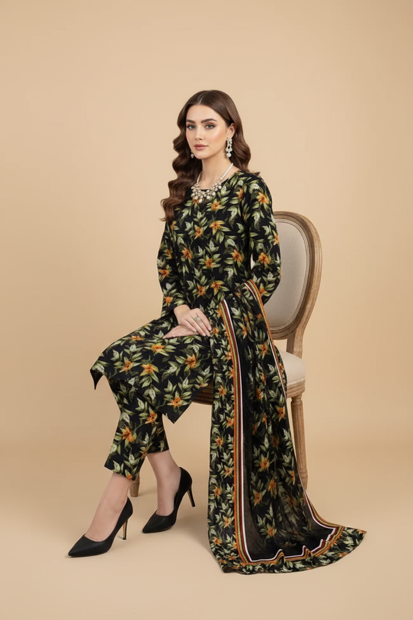 Black Floral 3-Piece Suit - Sitting Pose