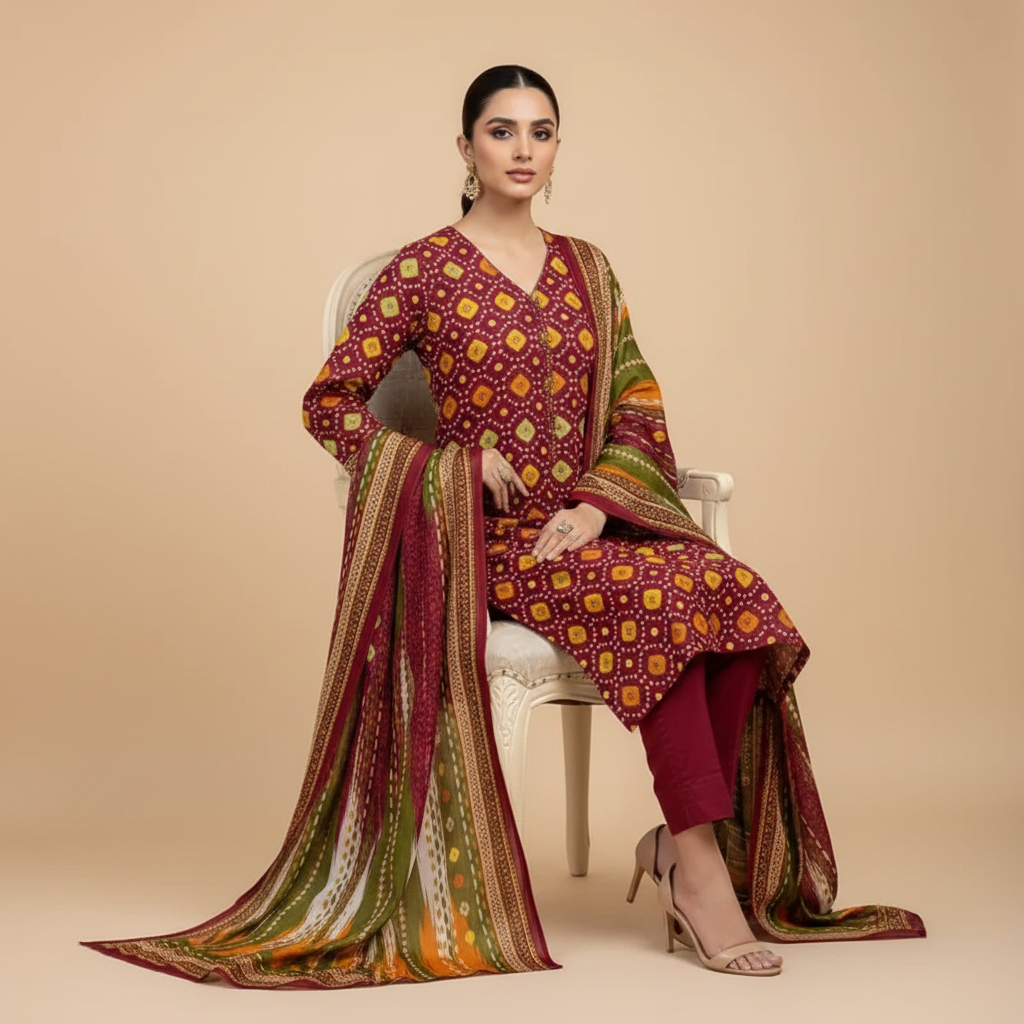 Maroon Bandhani Suit - Sitting Pose
