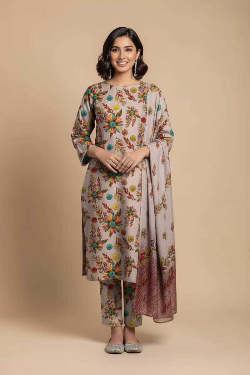 Grey Floral Suit - Front Pose