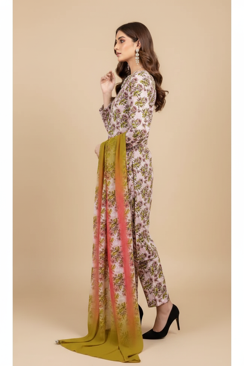 Blush Pink Botanical Floral Lawn Suit - Side Profile