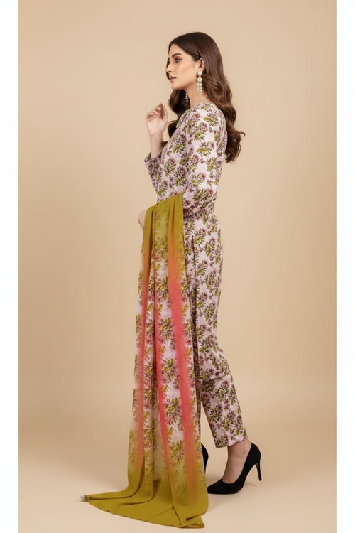 Blush Pink Botanical Floral Lawn Suit - Side Profile