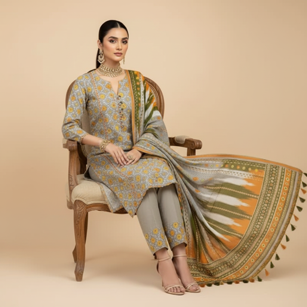 Grey Embroidered 3-Piece Suit - Sitting Pose
