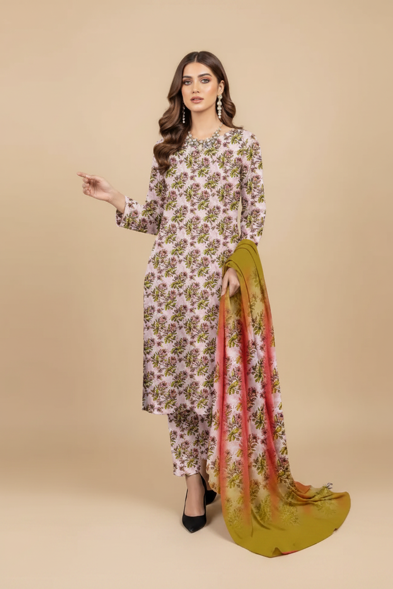 Blush Pink Botanical Floral Lawn Suit - Front Pose