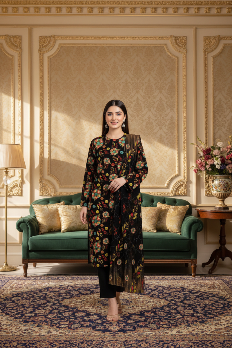 Black Floral Suit - Front Pose