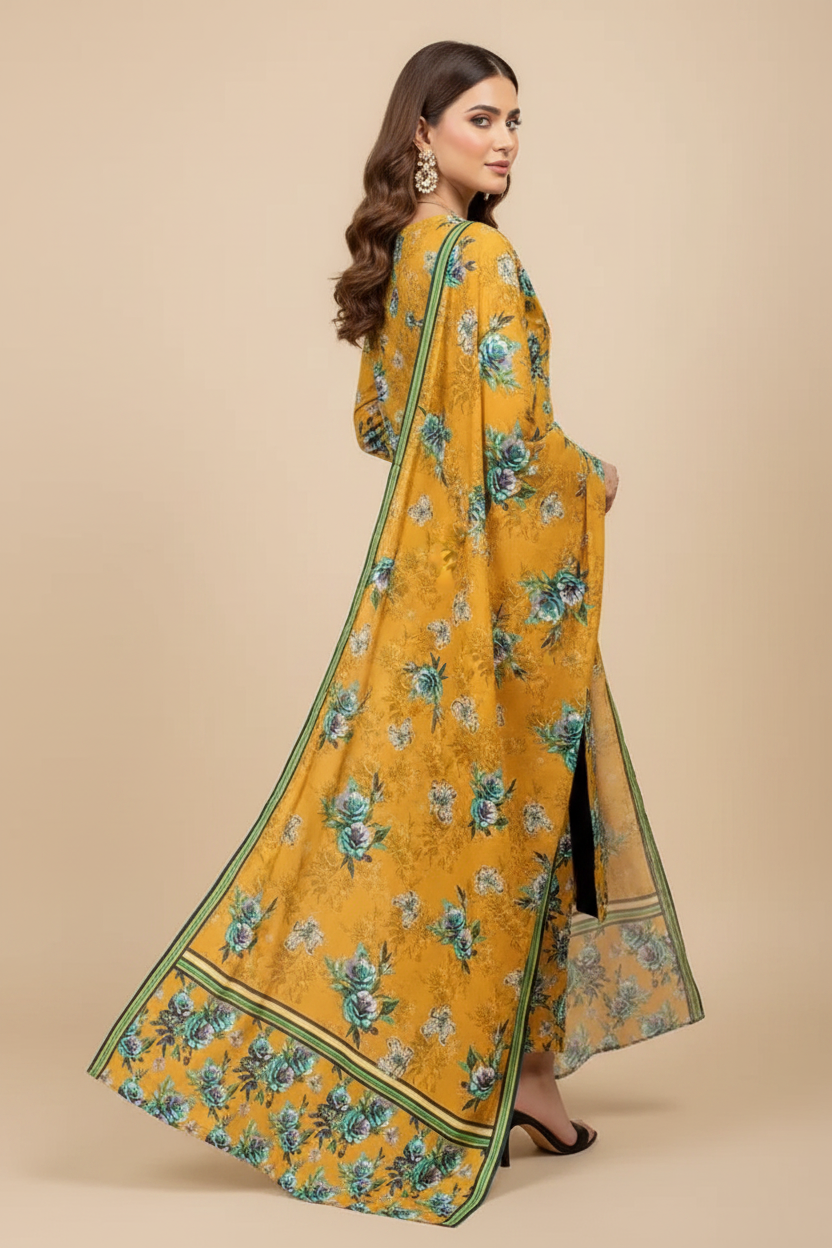 Mustard Yellow Teal Floral Lawn Suit - Three Quarter